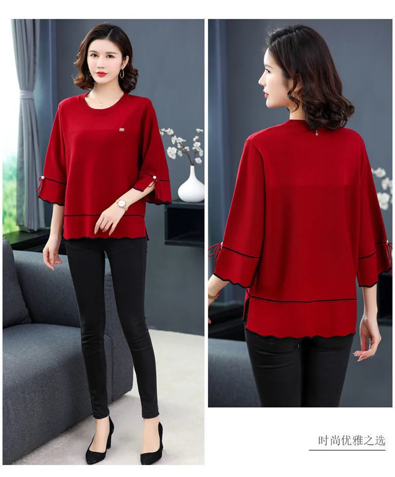 6XL Mom Large Summer New Ice Silk Shirt 3/4 Sleeves Round necked T-shirt Knit Sweater Loose Top For Wearing Outwear Top Black