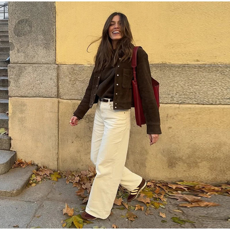 Big Pockets Suede Short Women's Jackets Vintage Lapel Single Breasted Full Sleeve Jacket Lady 2025 Spring Fashion Streetwears