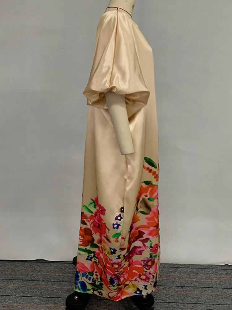 Beautyblue Plus Size Women's Clothing Robe De Soiree Femmes Elegant Floral Printed Boat Neck Puff Sleeves Oversized Maxi Dress