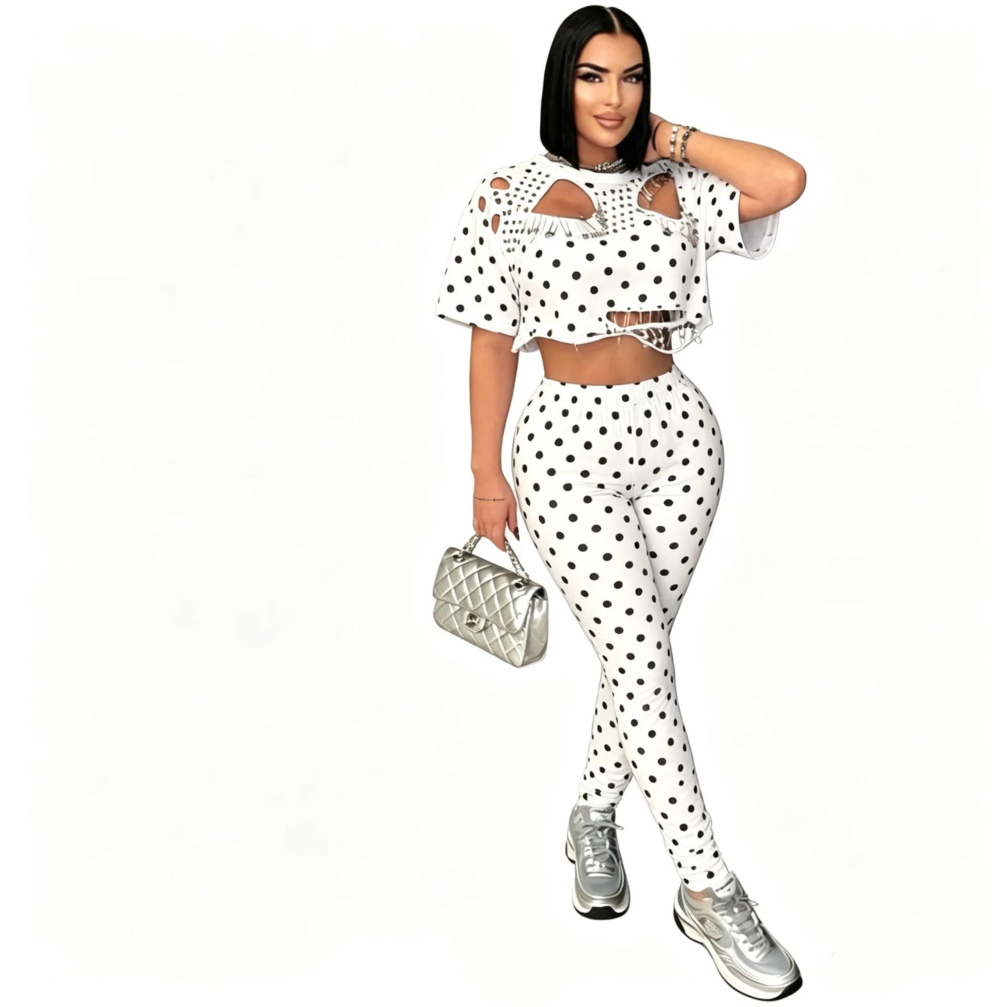 Casual Short Sleeve Hollow Out Two-Piece Tracksuit for Women