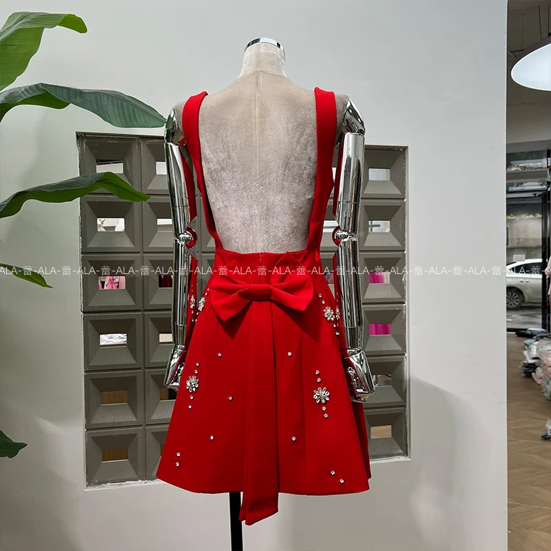 High-end Light Luxury Party Dress 2025 Summer Clothes New Heavy Industry Diamond Square Collar Waist Halter Bow Short Dress