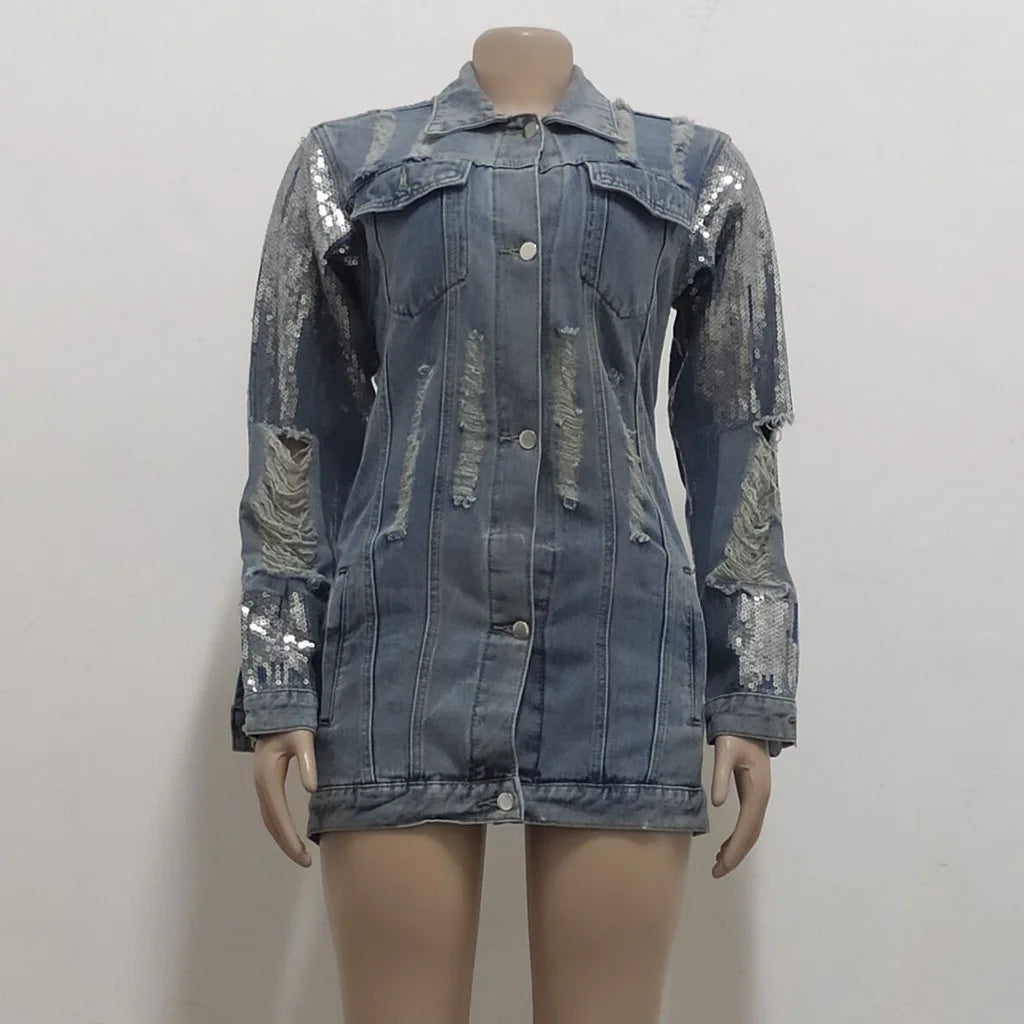 Jackets Women Denim Coat Hole Sequins Patchwork Single Breasted Turn Down Collar Y2k Vintage Streetwear 2025 Autumn Outerwear