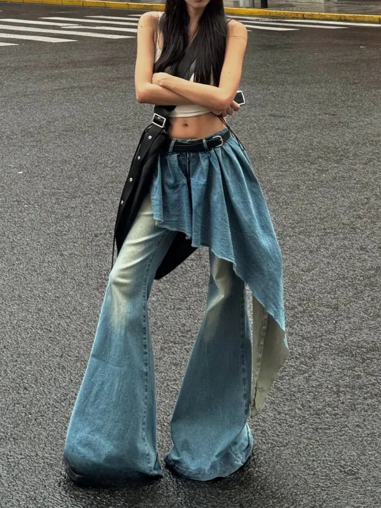 Y2K European and American Retro Washed Design Splicing Fake Two-piece Blue Jeans Women's Popular Loose Sexy Bell-bottom Pants