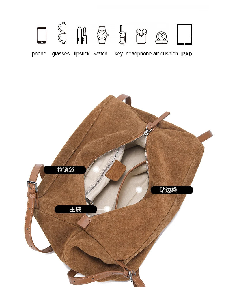 Women's Suede Genuine Leather Shoulder Bags Ladies Frosted Cowhide Crossbody Bag Female Design Luxury and Lazy Commuting Handbag