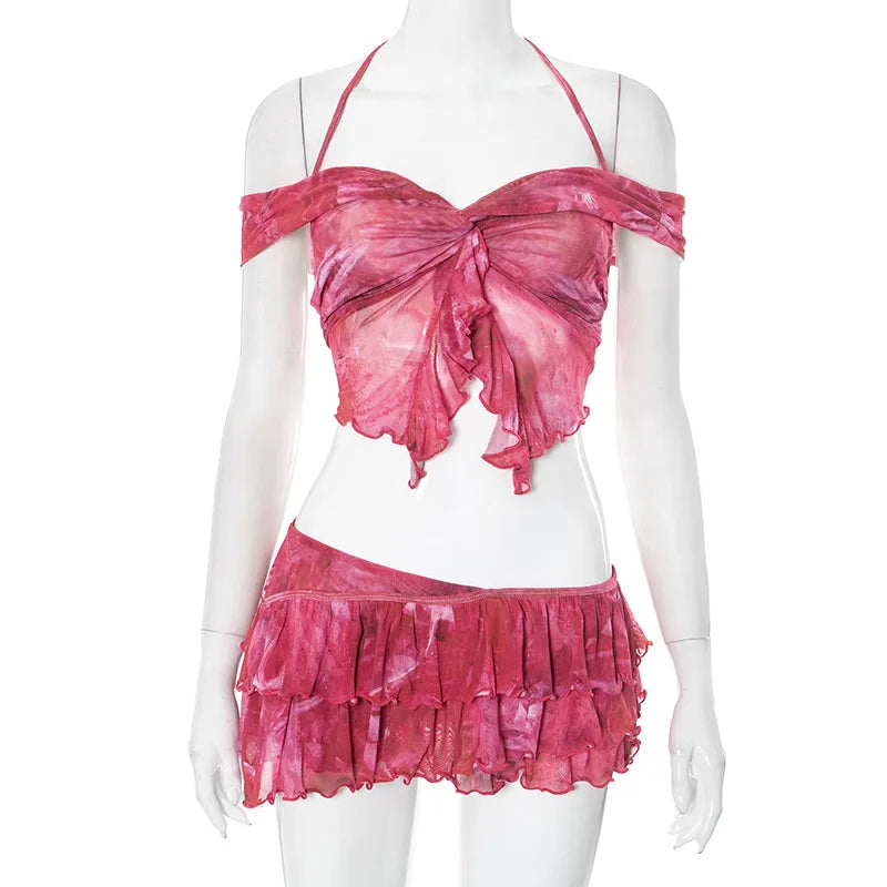 Joskaa 2025 Women's Print Beach Style 2 Piece Sets Sexy Halter Wrap Chest Tops+Irregular Mini Skirt Matching Vacation Outfits