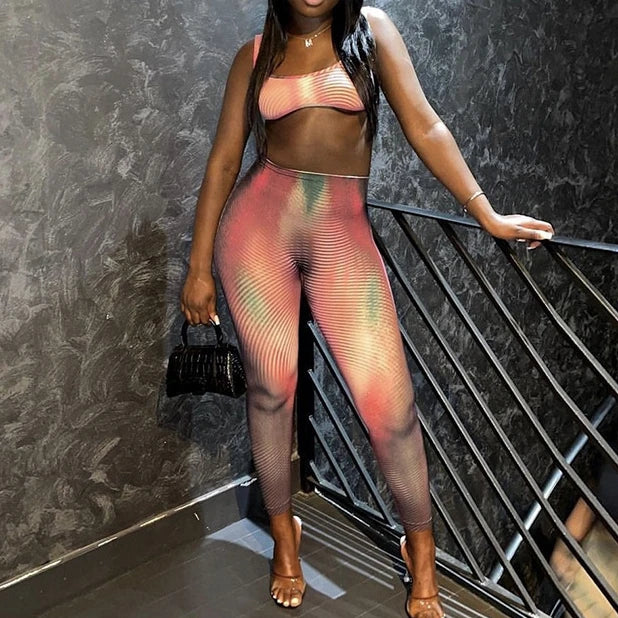 FAGADOER Fashion Stripe Patchwork 2 Piece Sets Woman Outfit Gradient Backless Vest Top + Skiny Pants Suit Female Jogger Clothing