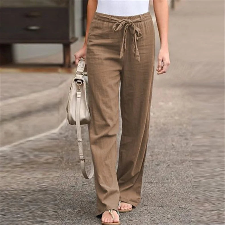 Linen Cotton Elastic Waist Ankle Length Pants for Women