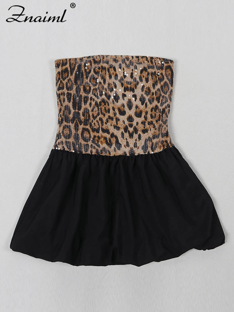 Znaiml Sexy Leopard Print Sequins Patchwork A-line Mini Dresses Woman Off Shoulder Tube Strapless Prom Night Club Short Dress