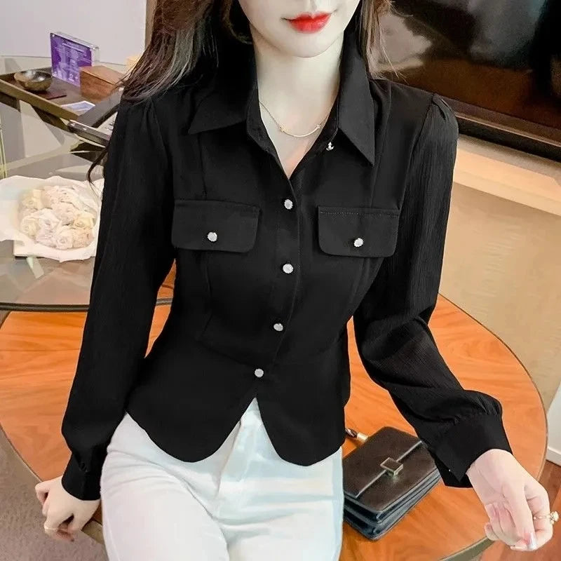 Autumn 2025 New Women Short Long-sleeved Chiffon Blouse Shirt Western-style Blouse Female Slim Pure Colour Bottoming Shirt