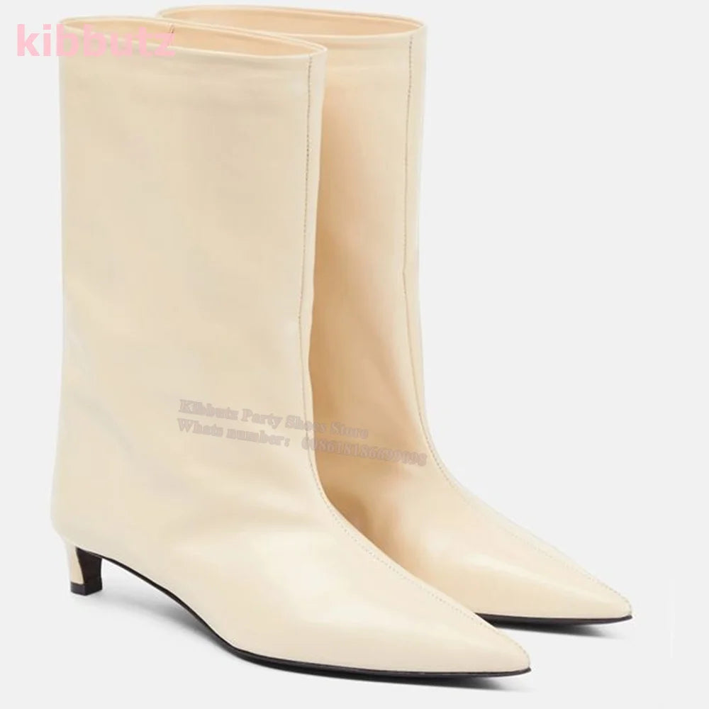 Novelty Leather Mid Calf Boots Chelsea Pointed Toe Kitten Heel Wide Mouth Sleeve Slip-On Solid Color Fashion Sexy Elegant Women