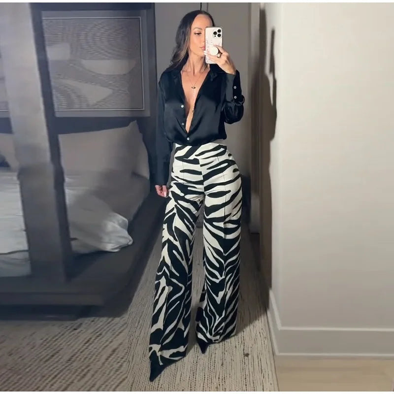 Zebra Print Wide Leg Women Pants High Waisted Stretch Fit 2025 Autumn Fashion Elegant Casual Bottoms Office Chic Lady Trousers