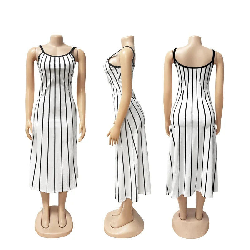 Summer Striped Printed A-line Maxi Dress for Woman Sleeveless Camisole V-neck Casual Club Party Long Dresses Sundress Vacation