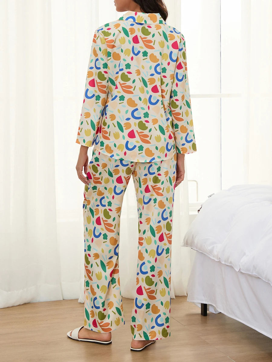 Women Pajamas Set 2 Pieces Loungewear Suits Fashion Print Button up Long Sleeve Tops and Elastic Pants Sleepwear Outfits Pjs