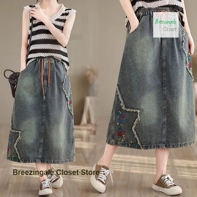 American Embroidered National Style Loose Denim Skirt Women's Spring and Summer New Fashion Temperament with Wild Skirt.