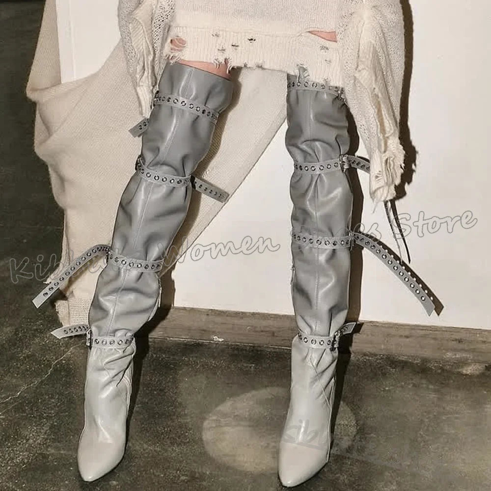 Above The Knee Boots Belt Buckle Pointed Toe Chunky Heels Solid Color Leather Fashion Luxury Elegant Concise Spicy Girls Shoes