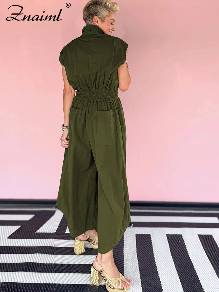 Znaiml Casual Loose Pocket Jumpsuit Women Sleeveless Button High Waist Wide Leg Rompers Street Overalls One Pieces Cargo Pants