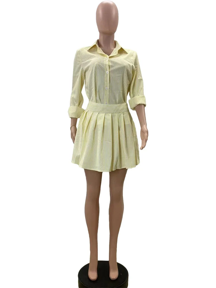 Wmstar Two Piece Set Women 2024 Autumn Fashion Women's Casual Comfortable Striped Shirt Short Skirt Set Wholesale Dropshipping