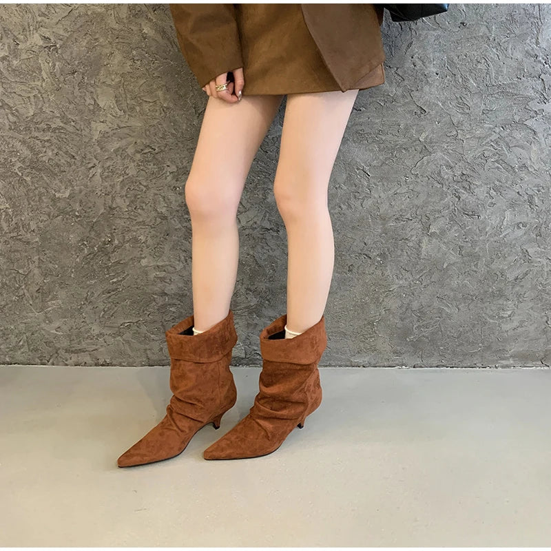 Women's Frosted Low-heeled Boots Fashion Retro Brand Short Boots Pointed Stiletto Boots Pleated Ankle Boot Folded Hem Short Boot
