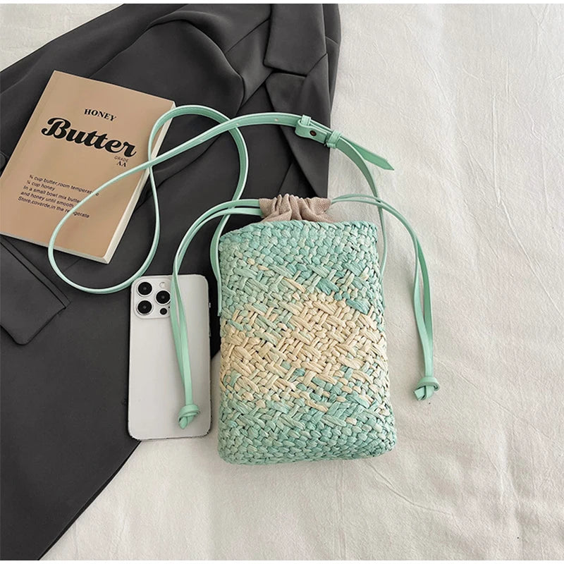 Brand Gradient Raffia Crossbody Bag Straw Drawstring Bohemian Summer Beach Travel Design Shoulder Bag Shop Basket Crossbody Bag