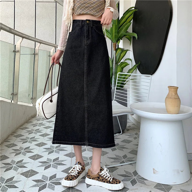 New 2022 Spring-Autumn Medium-Length Denim Skirt For Women High-Waisted Slimming Plus Size Curvy Girls A- Line Hip Covering Skir