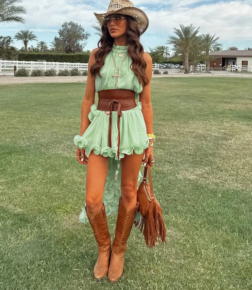 Women Spring Summer New Ruffle Edge Sleeveless Tank Top & Skirt Set Chiffon Fashion Solid Color