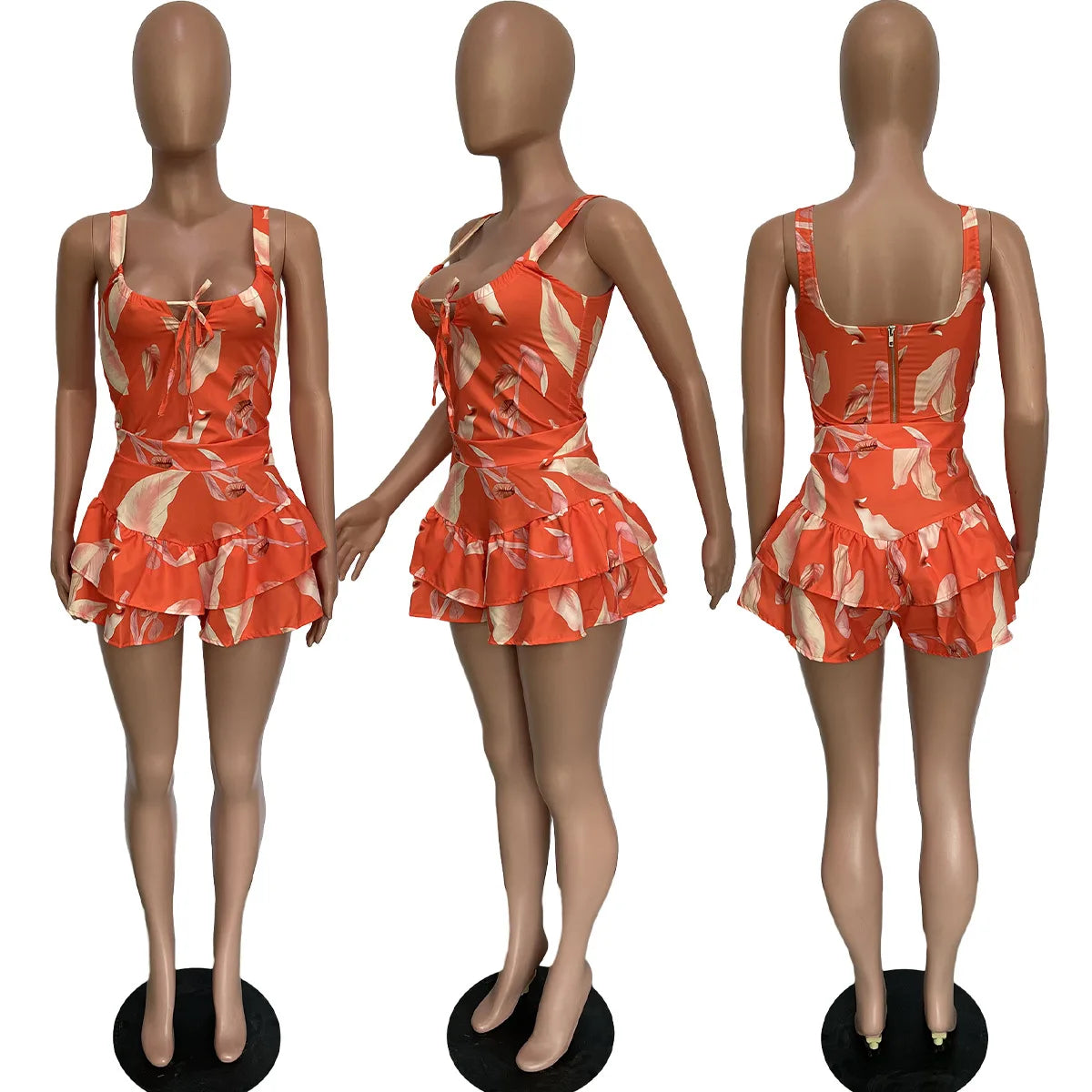 CM.YAYA Elegant Beach Printed Women's Set 2022 Summer Sleeveless Ruffles Hem Tank Crop Tops Shorts Matching Two 2 Piece Set