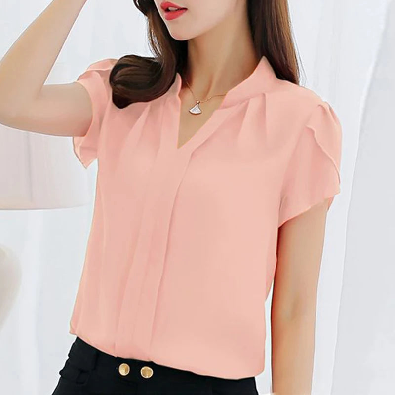 ZANZEA Formal Office V-neck Blusas Women Chiffon Blouses Elegant Ruffles Short Sleeve Tops 2024 Summer Solid Pleating Shirts