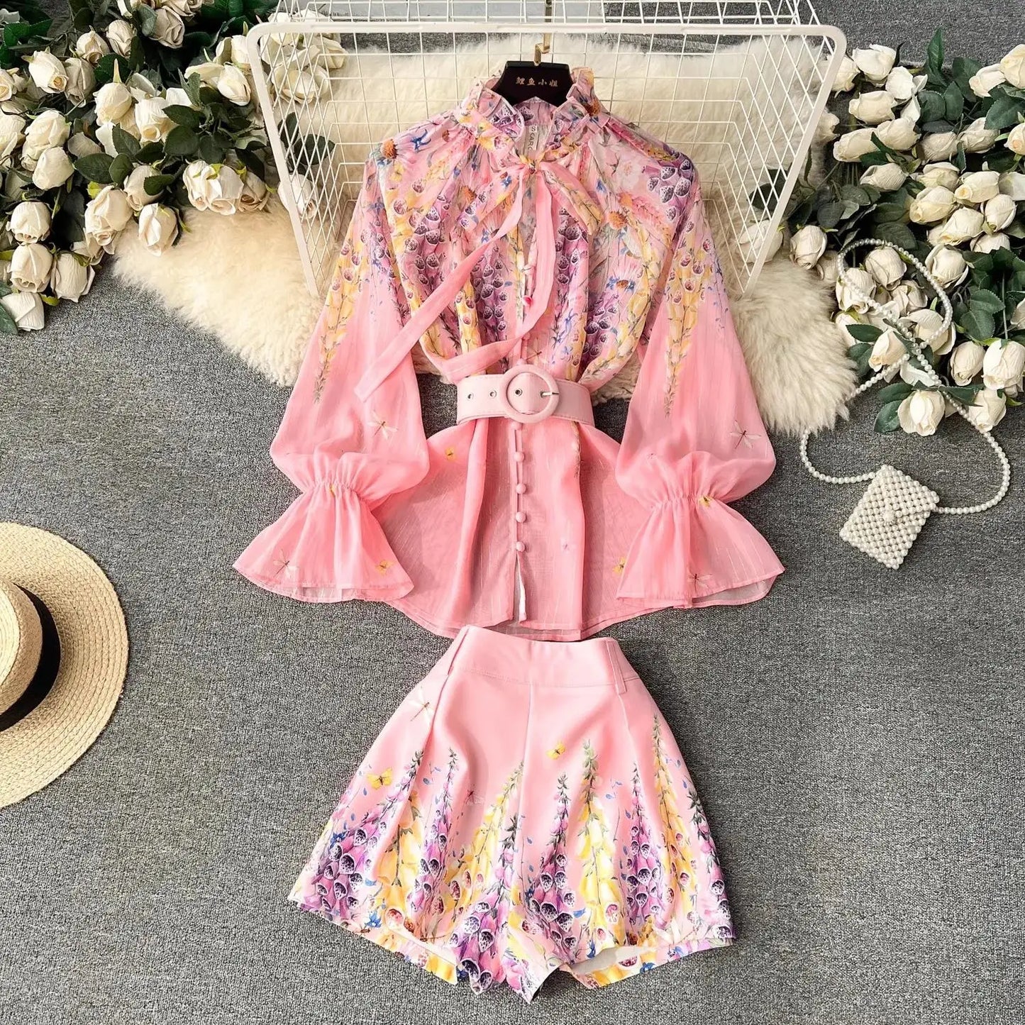 Women's Outfits Bright Silk Chiffon Shirt Blouse Top + Belt Shorts Two Piece Sets Summer Holidays Lavender Flower Shorts Suit