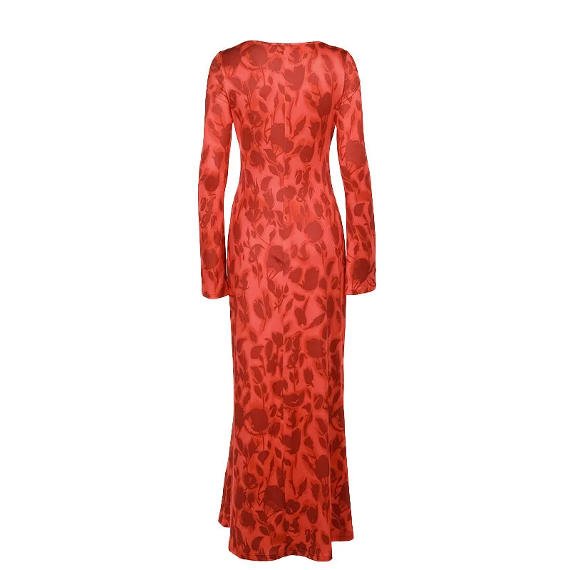 Temperament printed crewneck basic dress female fall style fashion elegant slim dress