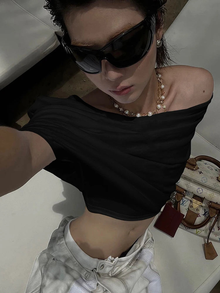 Weird Puss One Shoulder Crop Tops Women Folds Skinny Loose Summer Korean Style Simple Classic Casual Street Daily Harajuku Tops