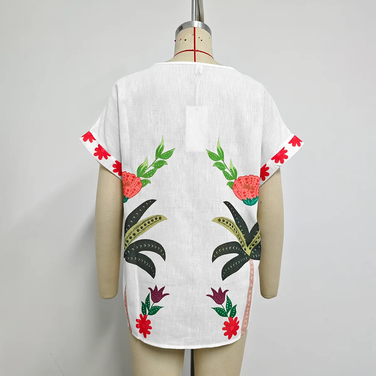Beautyblue Cotton Linen Bohemian White Blouse Vacation Clothes New Casual Loose Raglan Sleeve V-Neck Printed T-shirts for Women