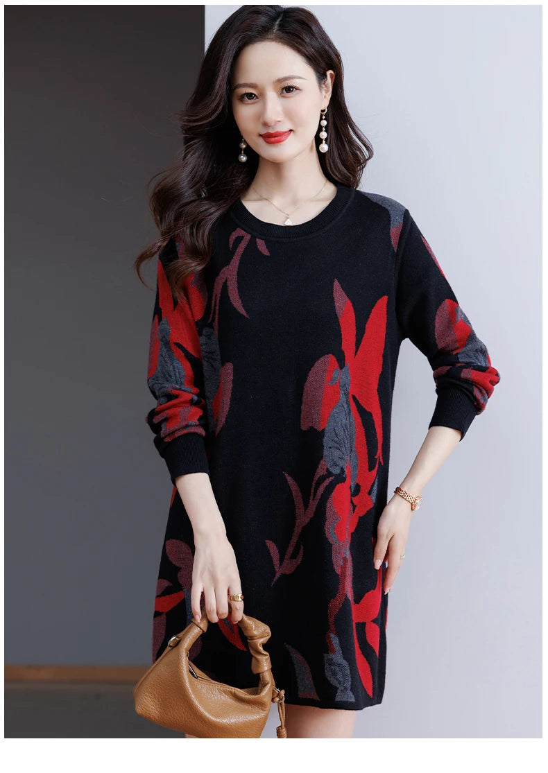 Print Sweater Dress Woman 2025 Autumn Winter Pullover Femme Women Clothing Long Sleeve Top Casual Long Knitwear Sweaters