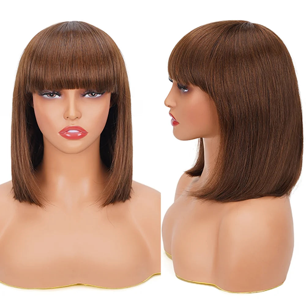 Straight Human Hair Bob Wigs with Bangs Remy Full Machine Made for Women Hightlight Burgundy Brown Colored BOB Wig