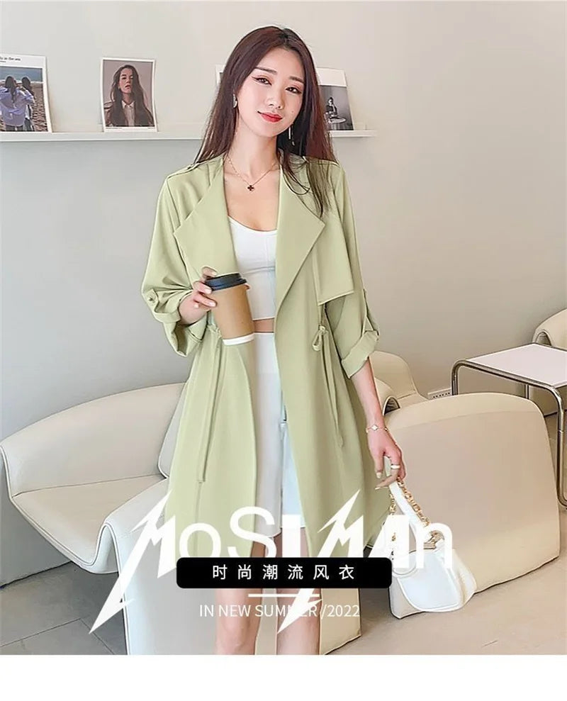 Autumn Windbreaker New Women's Thin Coat Korean Version 2023 Single-Layer Fashion Drawstring Slim Trench Coat Top with 3/4 Sleev