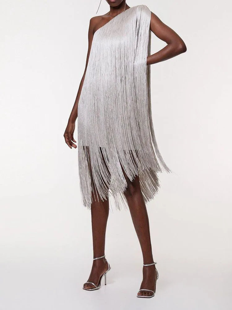 Asymmetric Off Shoulder Slim Tassel Dress Summer Simple Solid Sleeveless Evening Dress Women's Fashion Slanted Neck A-line Dress
