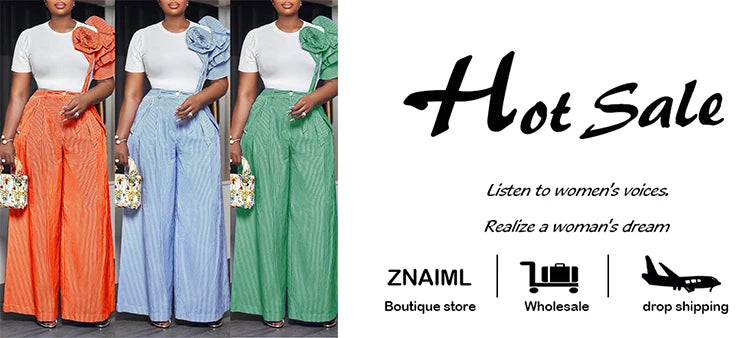 Znaiml Fashion Stripe Print 3D Flower Ruffles Sleeve Shirts Top and Wide Leg Pants Two 2 Piece Women‘s Sets Streetwear Outfits