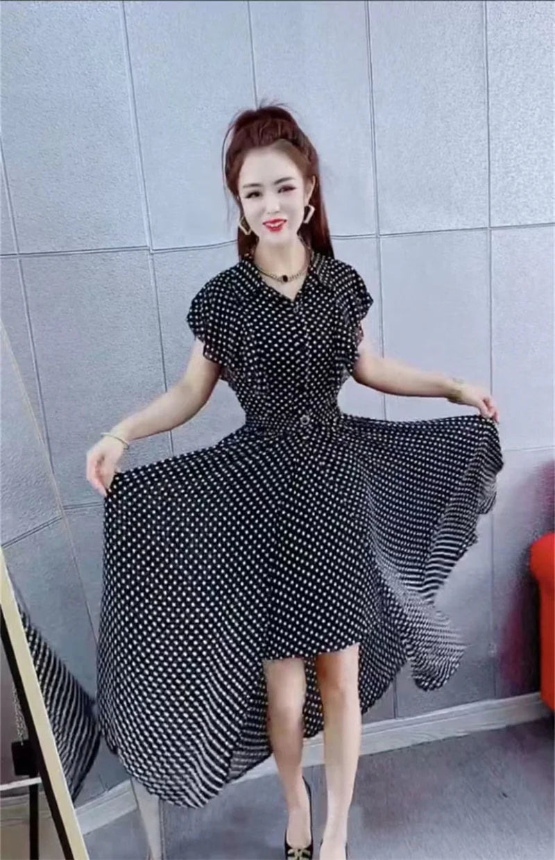 Fashion Dress Set Women's 2024 Summer New Polka Dot Style Sweet and Slim Ruffle Dress+Apron Two Piece Set Black V-Neck Dress Lad