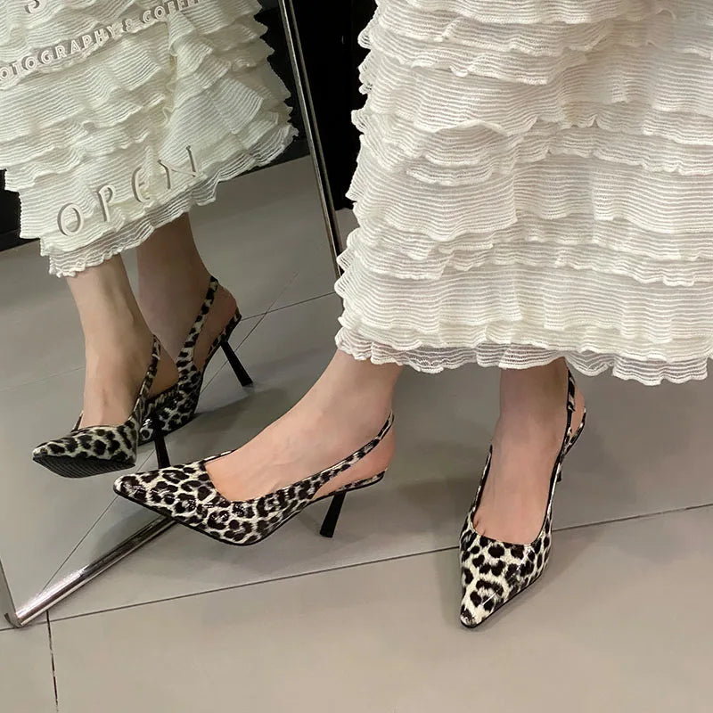 Fashion Pointed Toe Ladies High Heels Sandals Shoes Female Slip On Footwear Leopard Print Women Heeled Sandals Shoes Pumps