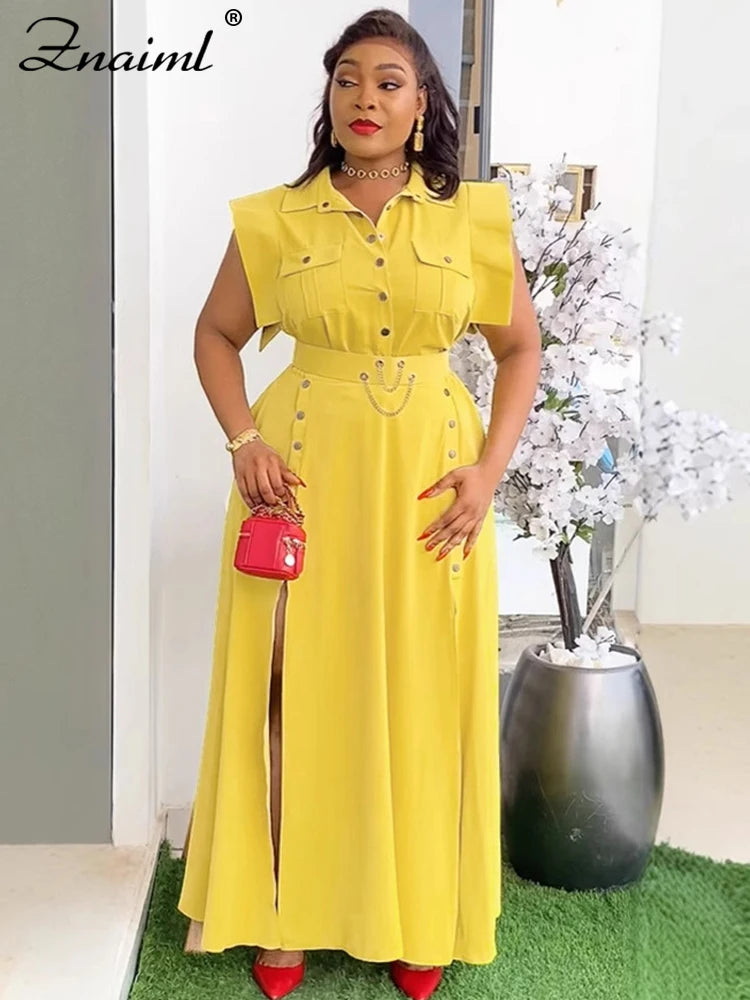 Znaiml Summer Birthday Party Evening 2 Piece Dress Set Women Sleeveless Shirt and Cargo Split Long Skirts Suit Vacation Outfits