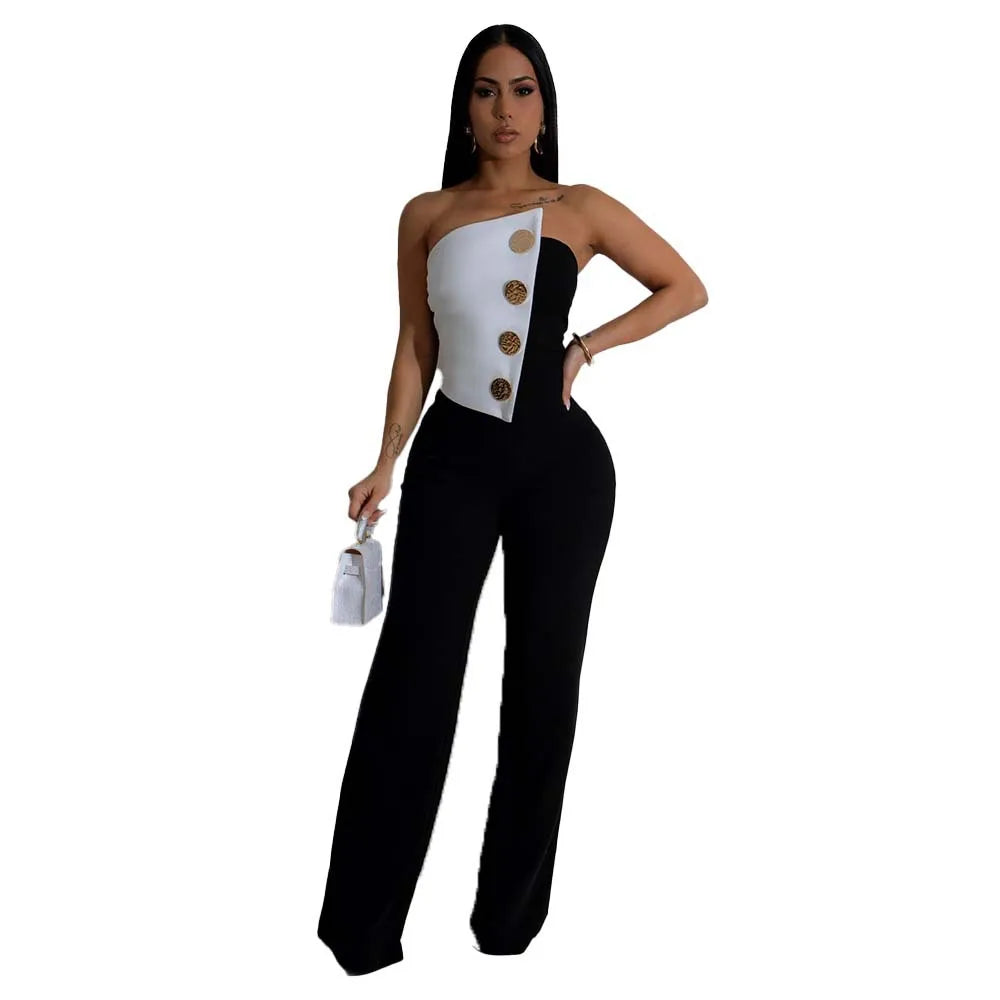 CM.YAYA Elegant Button Strapless Sleeveless Irregular Girl Jumpsuits 2025 Spring Women's Overalls Outfits Night Club One Piece