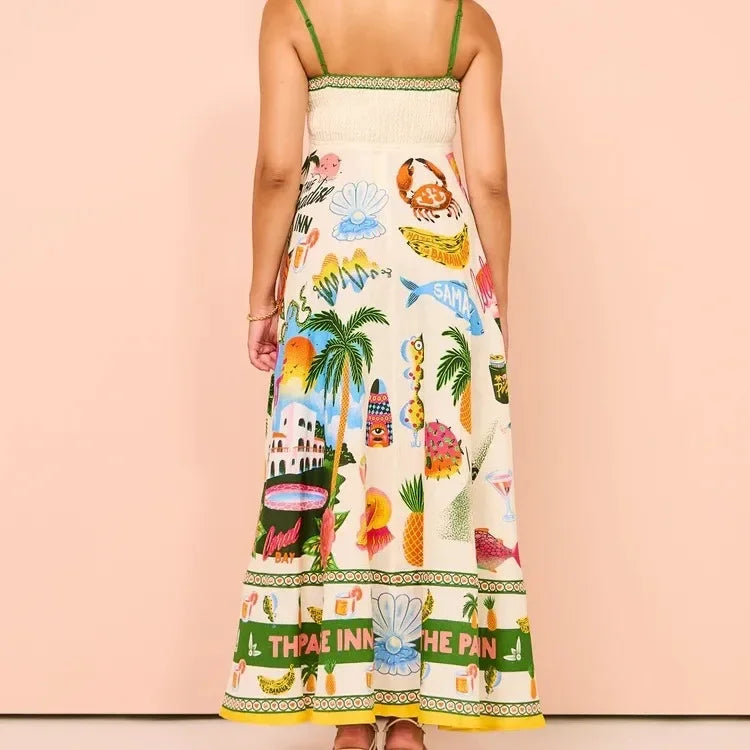 Sexy Off-Shoulder Graffiti Cotton Linen Print Maxi Dress Women's New Hot Sale Of The Season Sleeveless Loose Fit Gown for Women