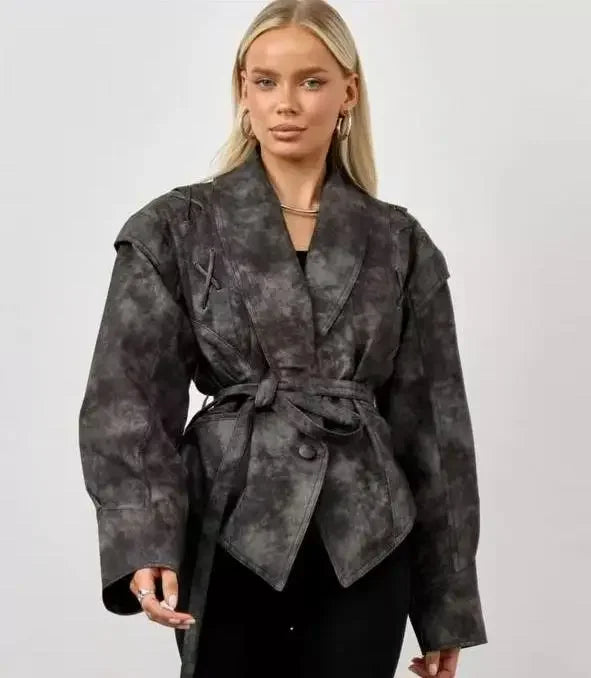 Women Leather Bomber Jackets Coats With Belt Notched Shoulder Pads Motorcycle Street Chic Short Outwear Fashion Solid Lace Up