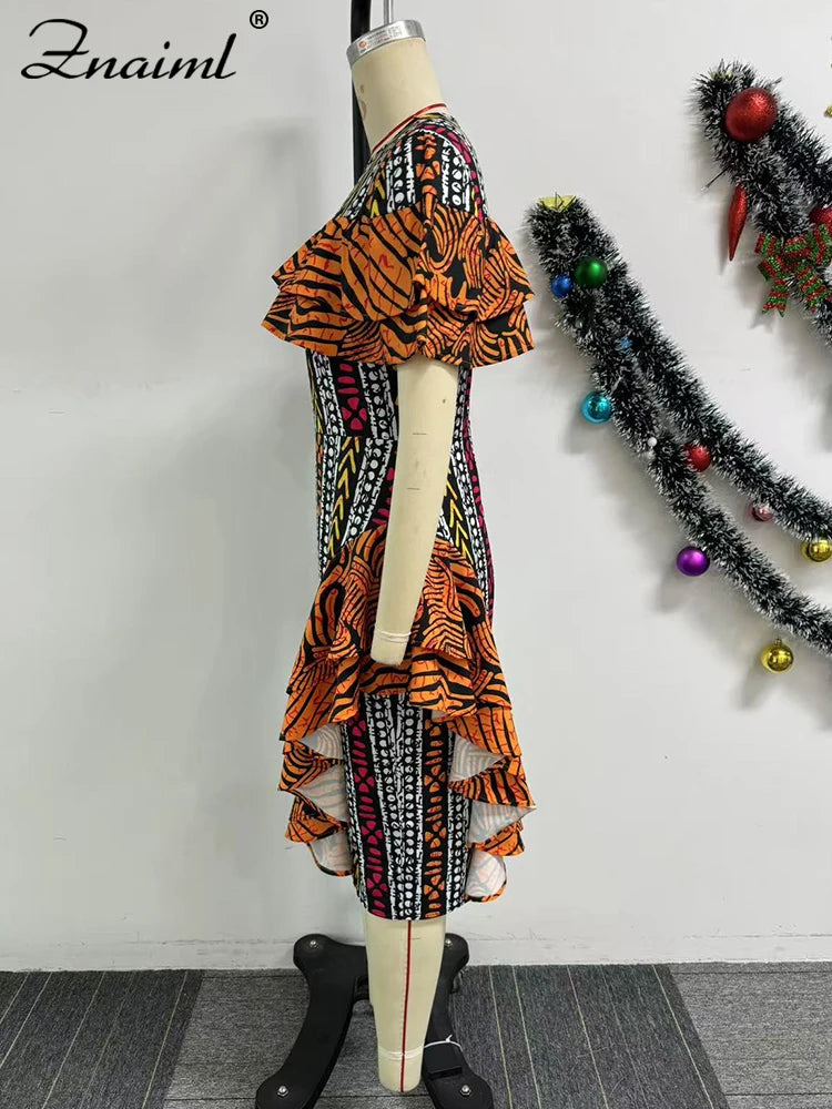 Znaiml African Festival Print Dresses Elegant Women Summer Short Sleeve Ruffles Bodycon Midi Dress Fashion Vacation Party Robe