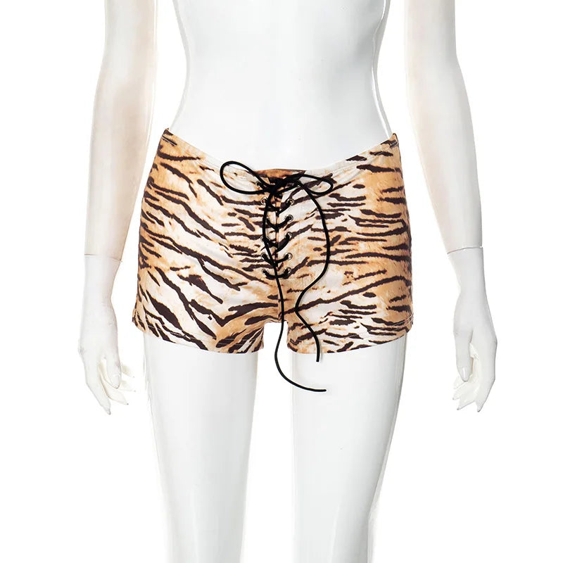 Joskaa Tiger Stripe Print Shorts Women Hipster Sexy Low Rise Bandage Hot Pants 2025 Summer Holiday Party Club Bottoms Streetwear