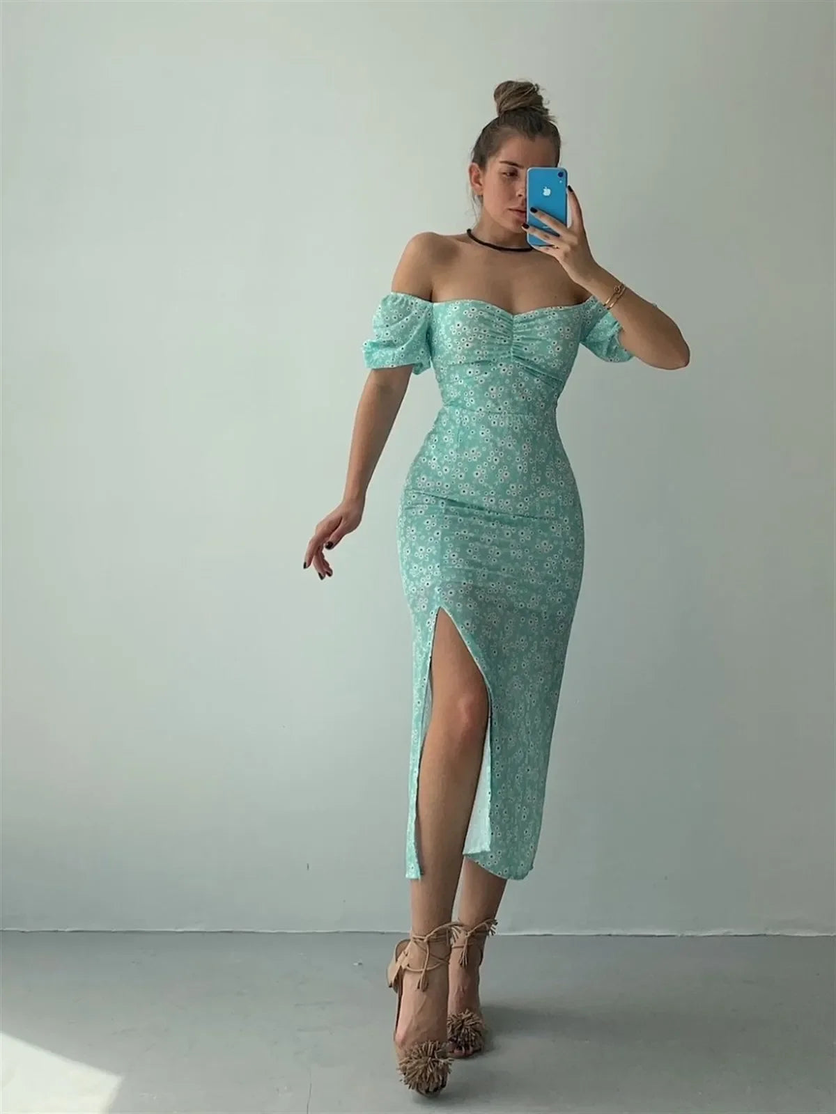 Elegant Summer Women's Dress Off-Shoulder Floral Side Slit Fashionable Commuting Foreign Trade New Style Womens Clothing