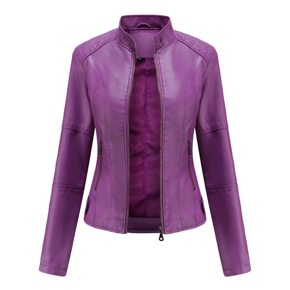 Women Leather Jacket 2025 Spring Autumn Black PU Leather Coat Stand-up Collar Motor Biker Jacket