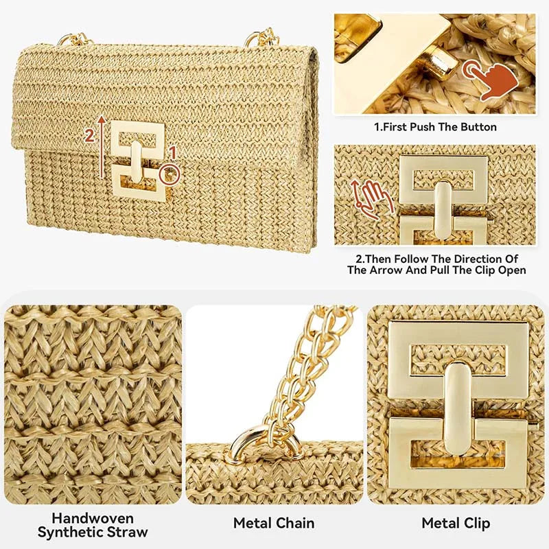 Straw Envelope Evening Party Handbag Fashion Women Weave Pattern Gold Clutch Messenger Purses Lady Daily Commuting Wallet Bags