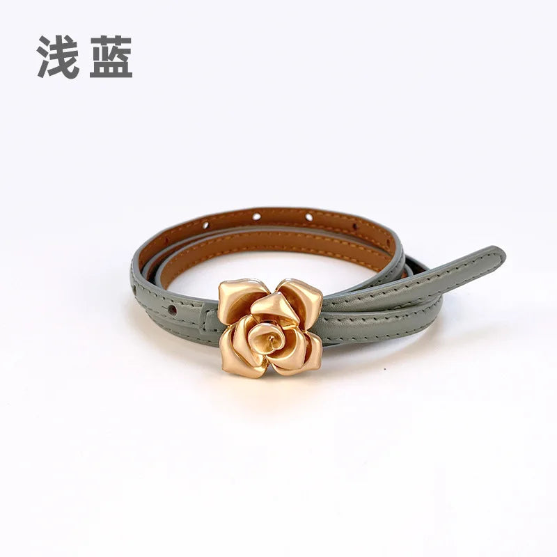 Double Sided Metal Flower Buckle Thin Belt for Women