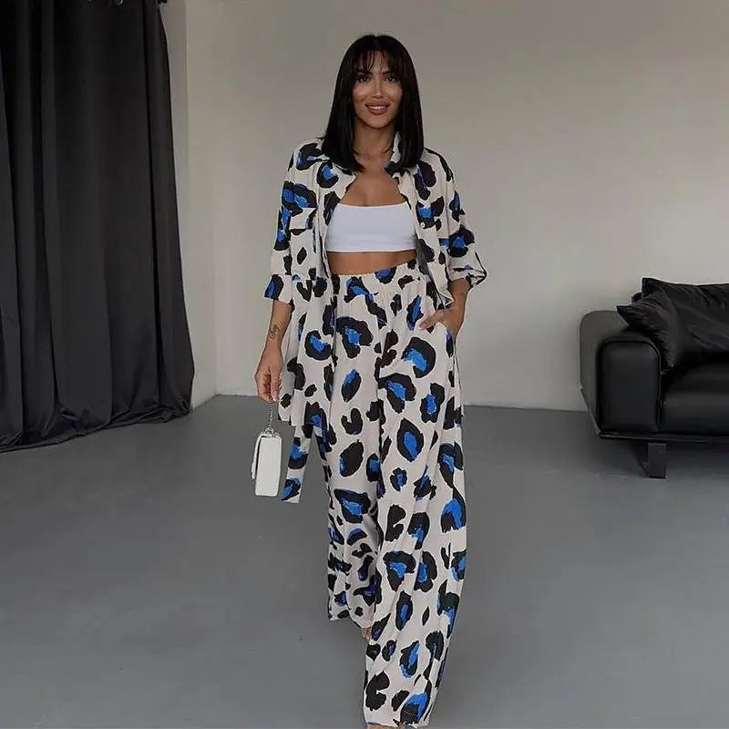 Fashion Leopard Print Women's Two Piece Sets Elegant Casual Button Streetwear Long Sleeve Shirt And Wide Leg Pants 2 Piece Sets
