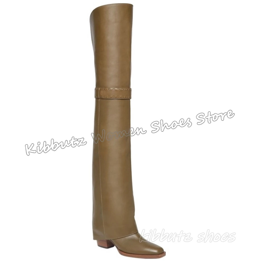 Turned-Over Edge Boots Over The Knee Genuine Leather Solid Color Fashion Luxury Elegant Concise Sexy Women Party Shoes New Heels